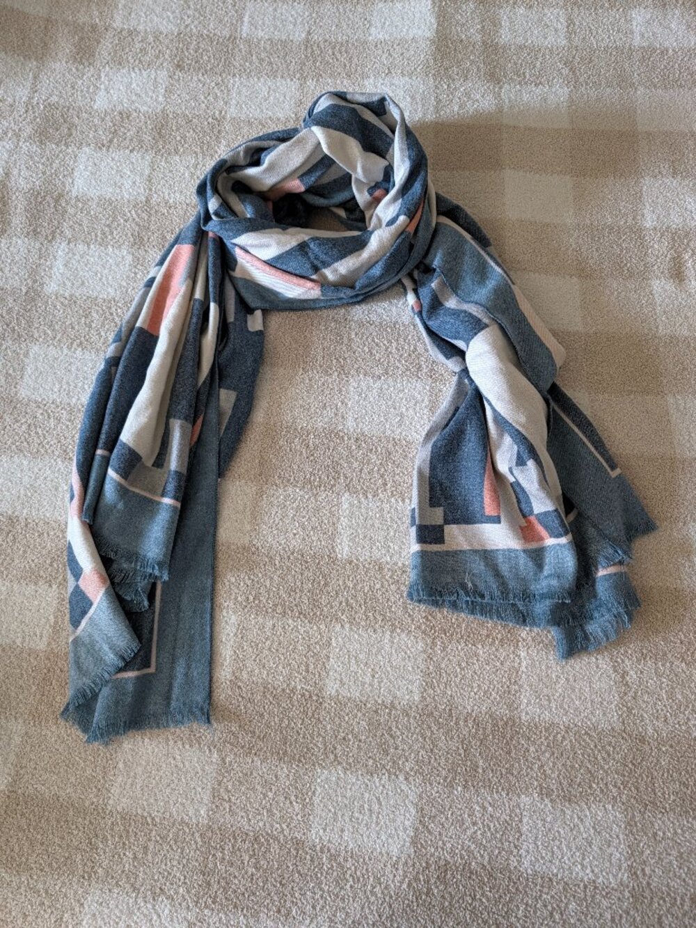 Cashmere Cotton Blend Geometric Abstract Print Fringe Wrap Scarf Blue Coral